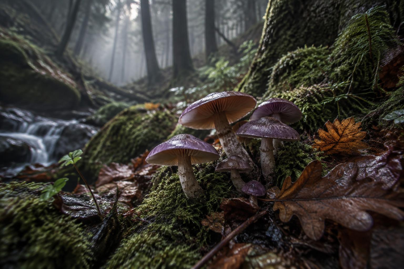 Mushrooms on a mossy forest floor